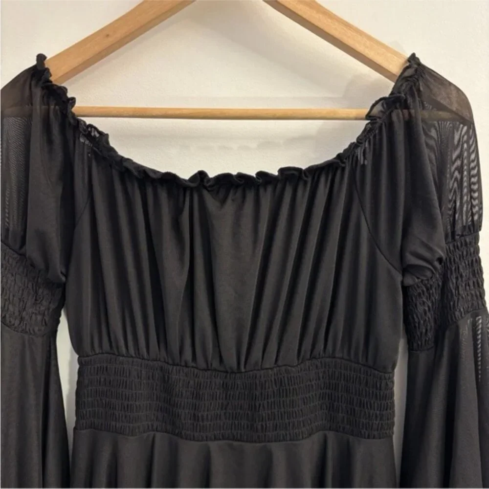 Current Mood Smocked Mesh Mini Dress Black Size Medium Grunge Goth Fairy Witchy - Picture 5 of 8